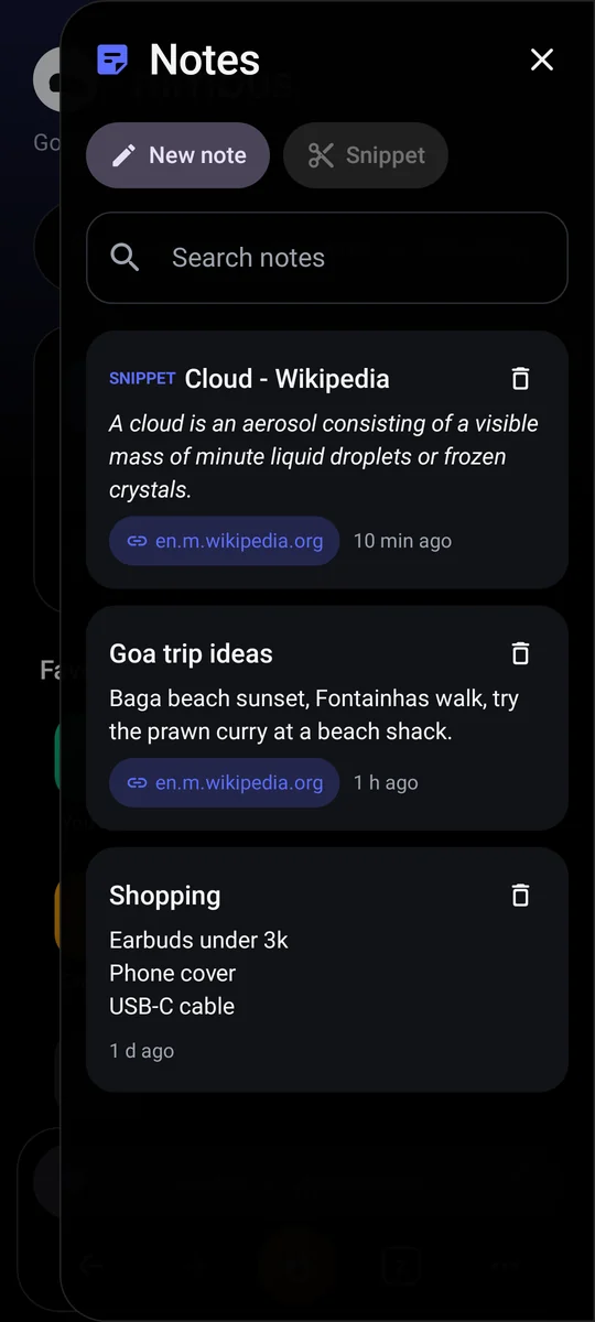 Nimbus screen: Notes panel
